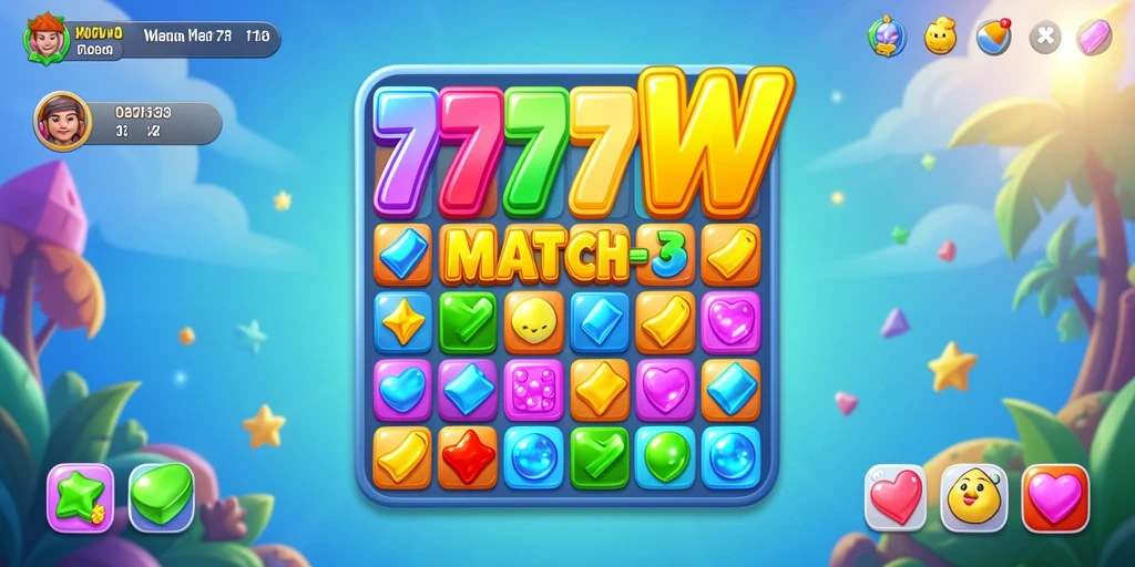 Screenshot utama 7777W menampilkan gameplay Match-3 yang dinamis.