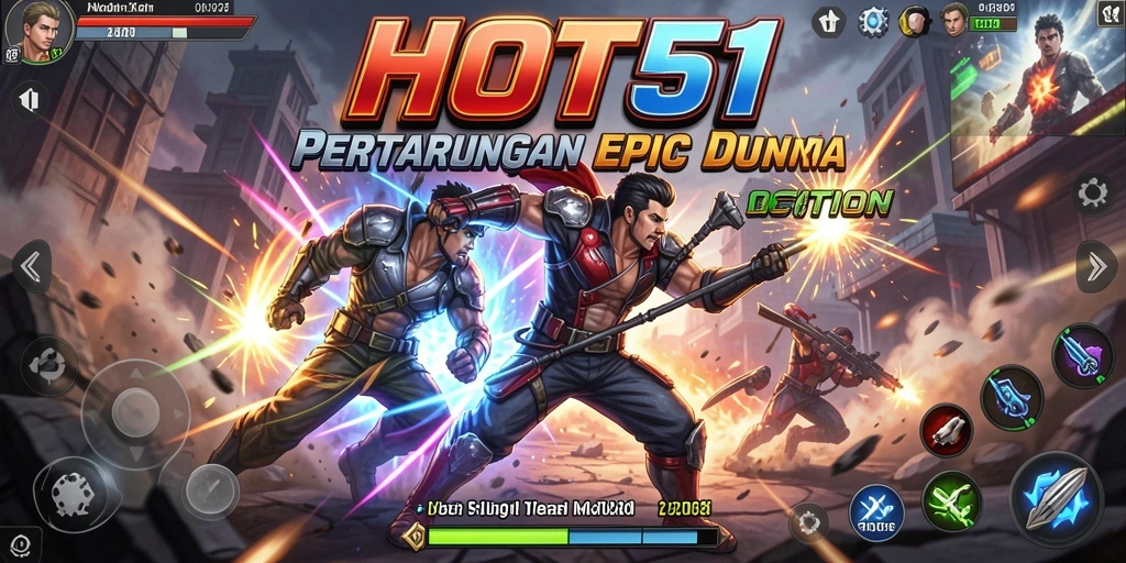 Tangkapan layar HOT51 menampilkan aksi seru dan karakter unik dalam pertarungan.