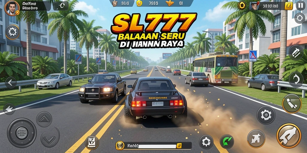 Tampilan gameplay menegangkan dari SL777 dengan mobil-mobil balap yang cepat.