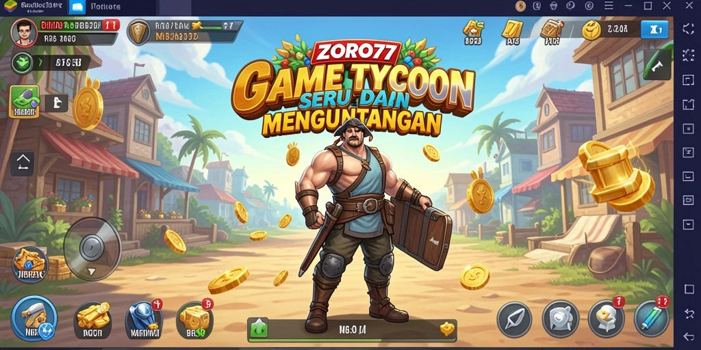 Screenshot ZORO77 menampilkan momen seru pembangunan bisnis tycoon.